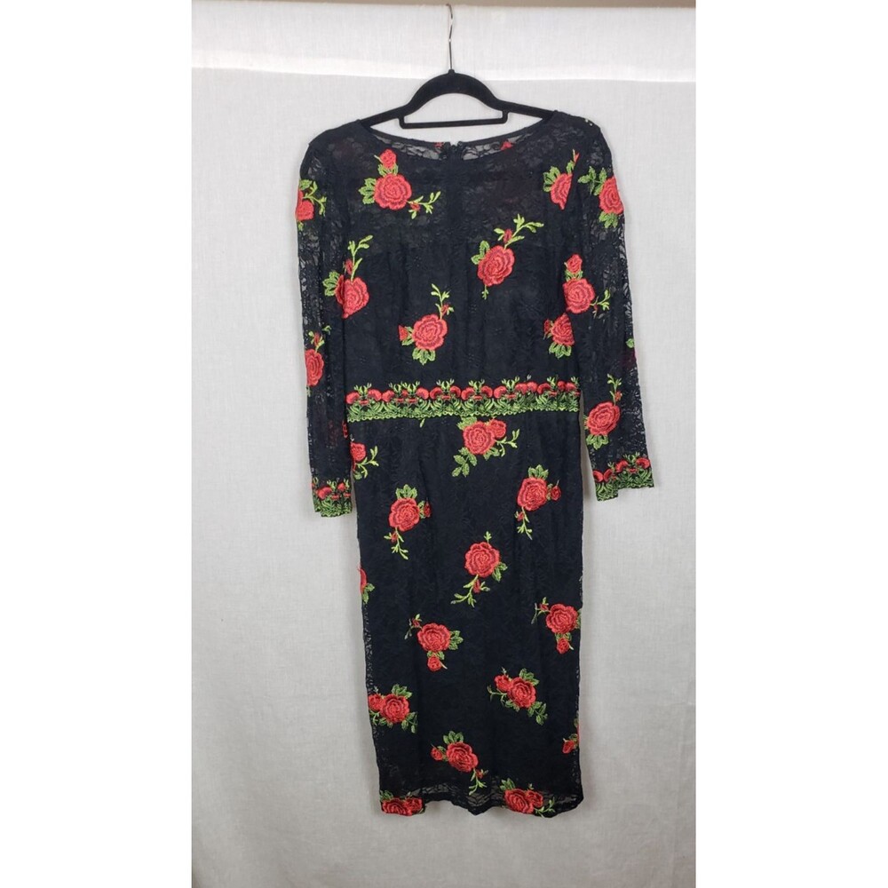 David Meister Lace Midi Dress 14 Black Embroidered Red Roses‎ Whimsy Regencycore